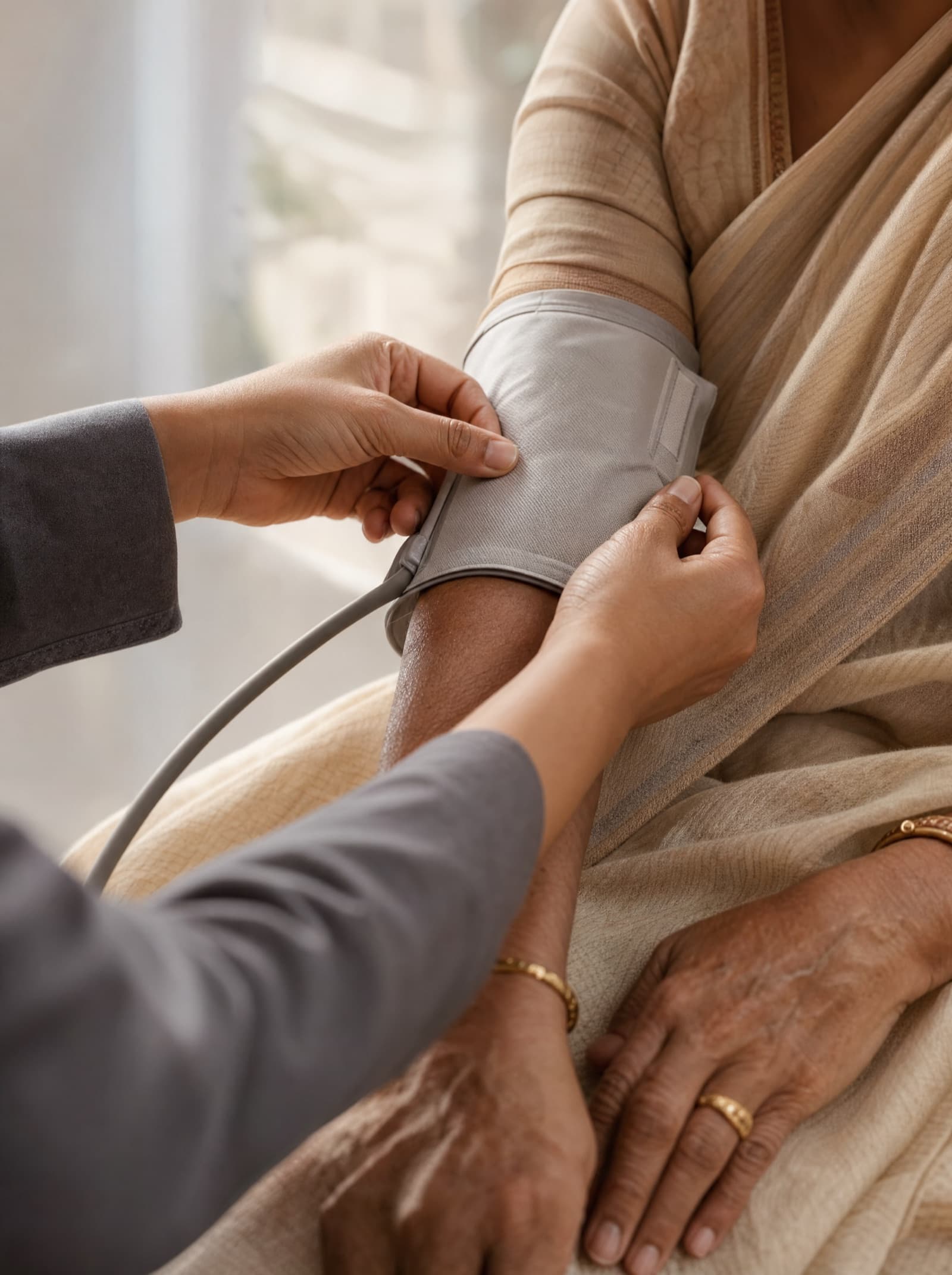 A nurse's hands fitting a blood pressure cuff on an older patient's arm